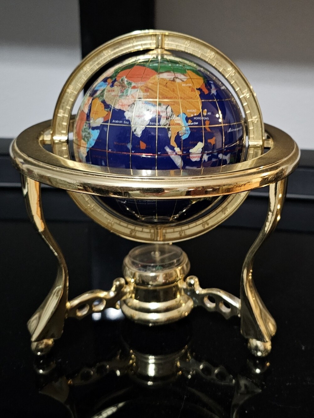 Exquisite Tabletop Revolving Globe In Brass Stand With Compass. 8.5" X 8.5"